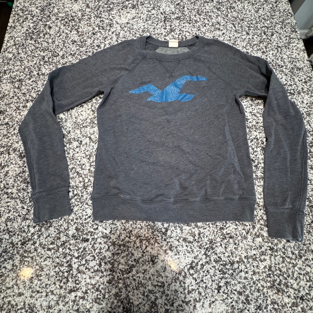 Hollister California Sweatshirt Womens Small Gray Blue Glitter Logo Raglan Indie